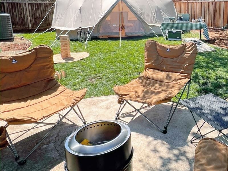 Fire pit set up beside the tents